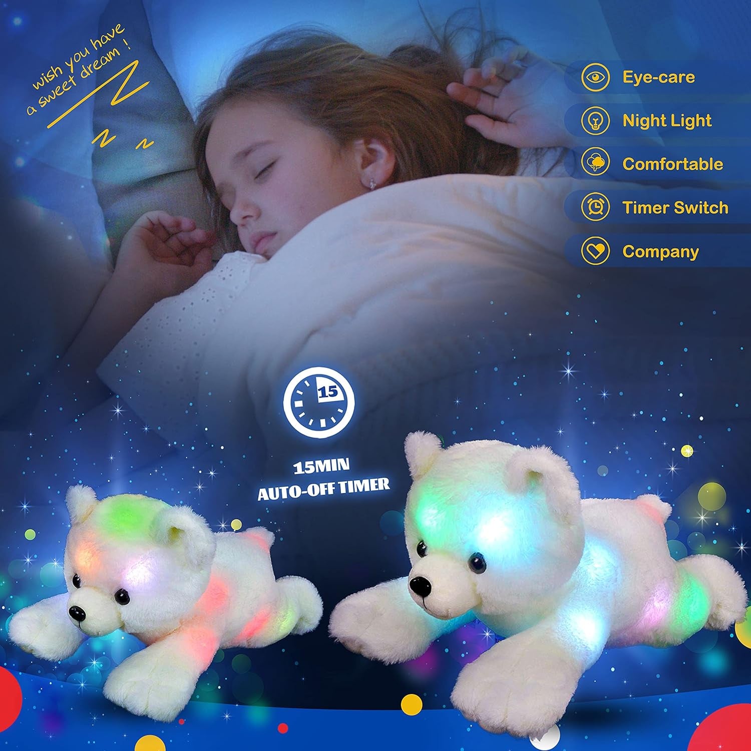 Light up Stuffed Polar Bear LED Soft Plush Toy with Magic Night Lights Glow in the Dark Birthday Holiday for Toddler Kids