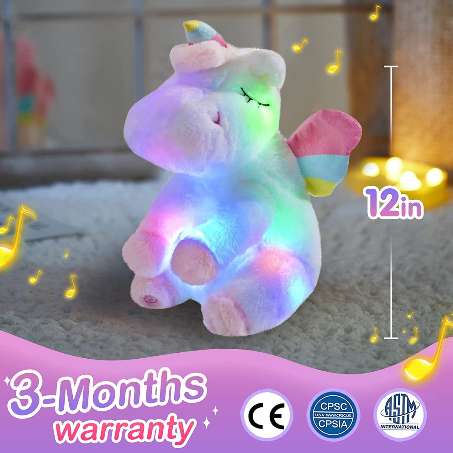 Musical Light up Unicorn Stuffed Animal Soft Furry Plush Toy with LED Night Lights Children'S Day Birthday Valentine'S Day Gifts for Kids Toddler Girls,12''