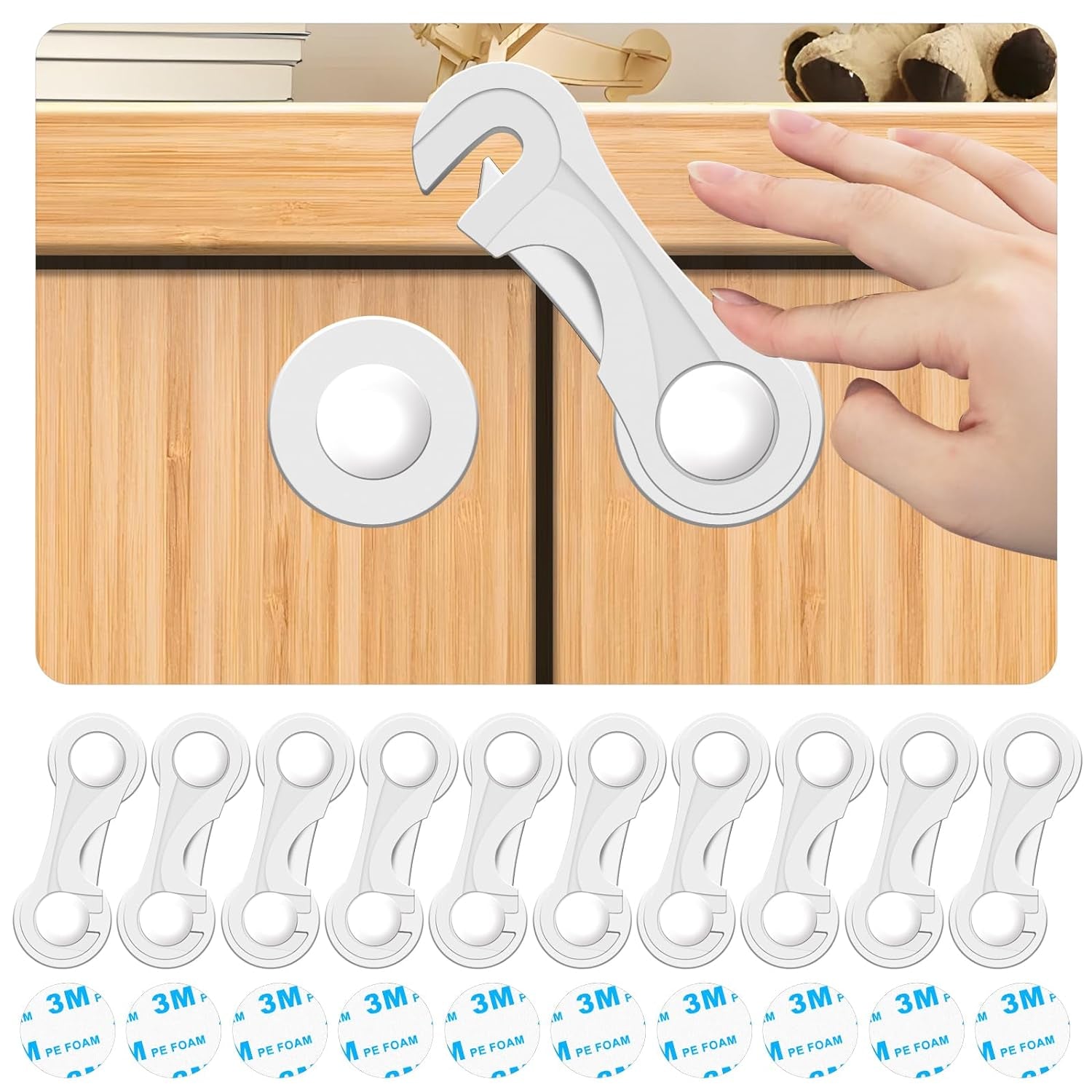 Child Safety Locks (10-Pack) - Cabinet Locks Baby Proofing - Baby Safety Products Easy to Install (No Drilling) 3M Adhesive for Drawers, Cabinet Seat, Toilet Seat, Fridge, Oven, Appliances